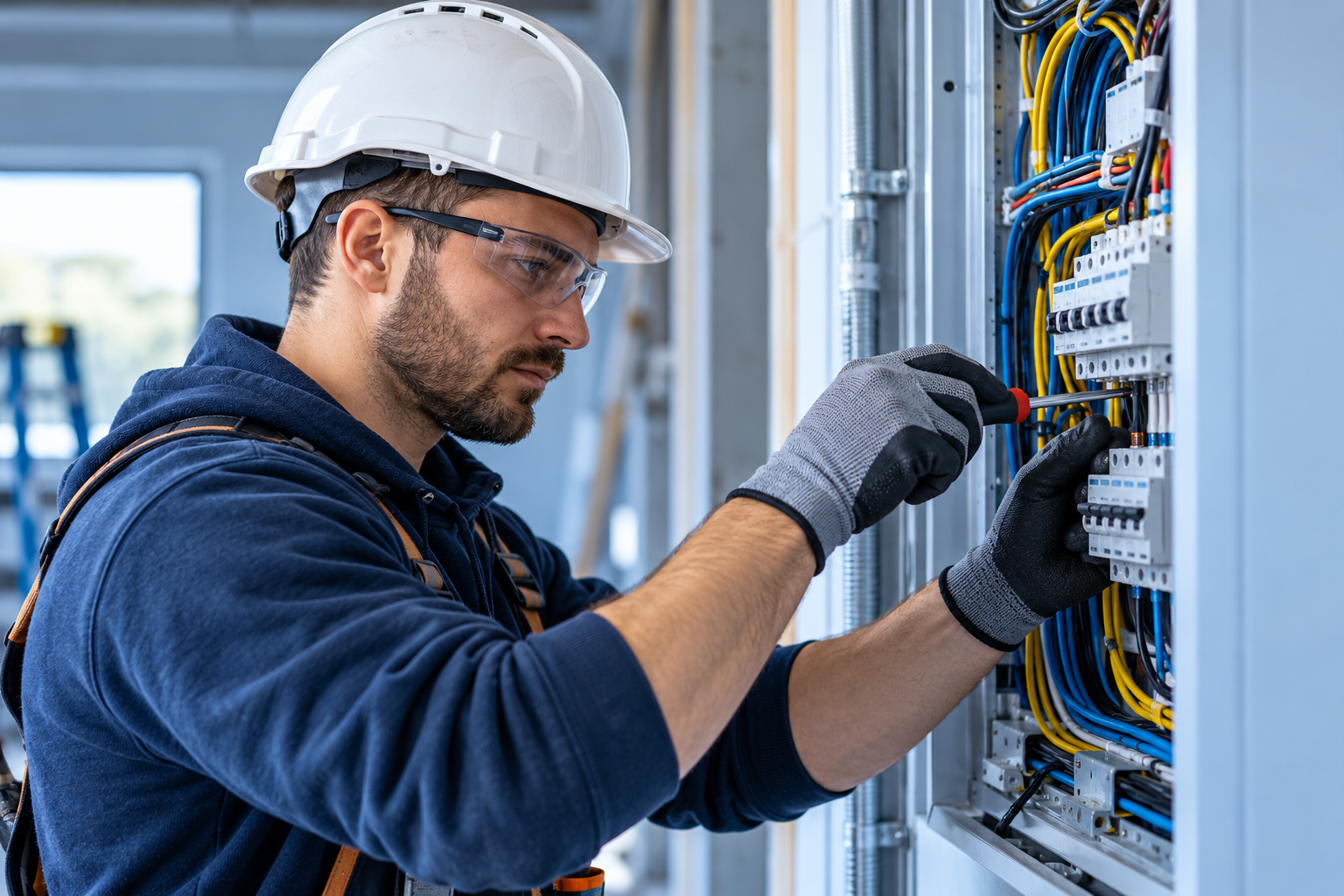 Electrician wiring an electrical panel