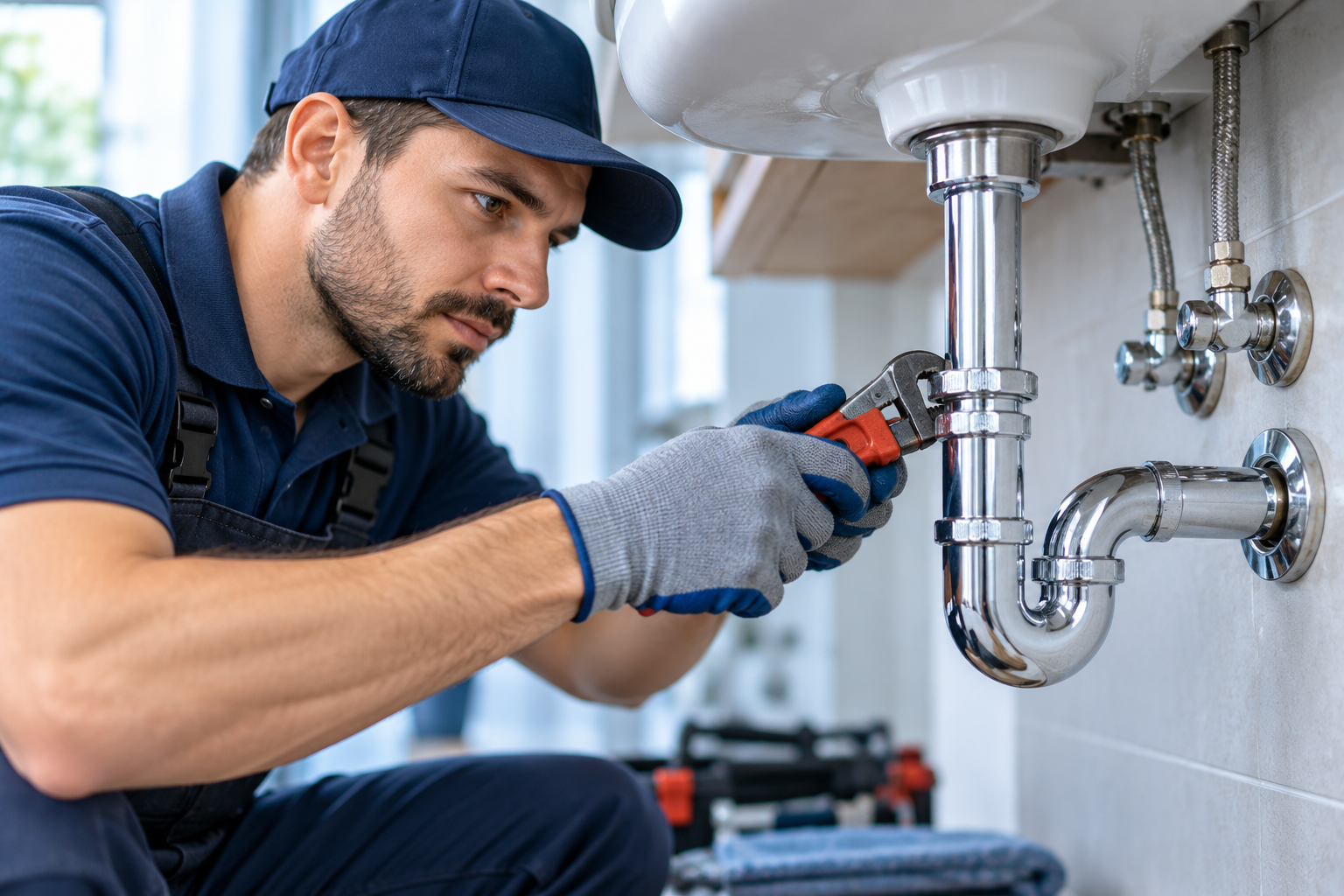Plumber repairing sink pipes with professional tools